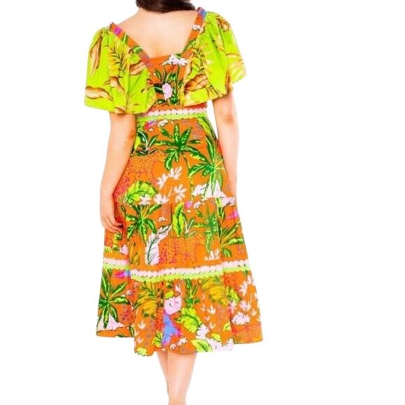 Alden Adair Midi Dress Diana in Jungle Cruise Tropical Flutter Sleeve Large - Picture 2 of 11
